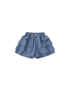 Girls denim skort featuring three-tier layered ruffles in a mid-blue washed finish