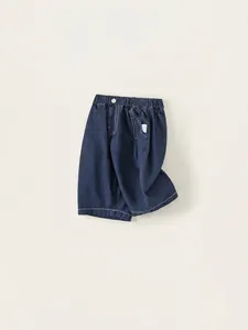Classic dark blue kids denim shorts with elastic waist and white contrast stitching
