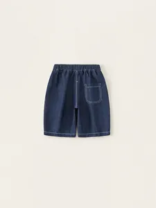 Kids dark blue denim shorts with elastic waist and back pocket for casual summer wear