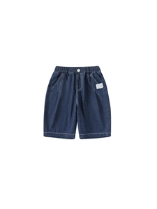 Kids deep blue denim shorts with elastic waist and white contrast stitching details
