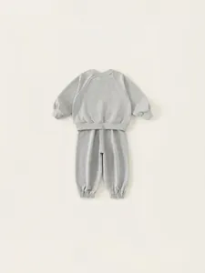 Kids grey cotton knitted sweatshirt and joggers set with ribbed cuffs and soft fabric