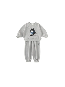 Kids grey casual two-piece set featuring cartoon cat print sweatshirt and joggers