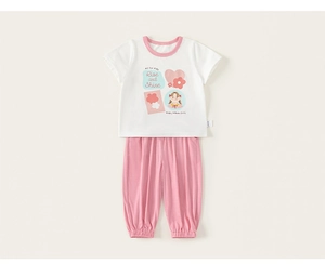 Detailed flat lay of girl's white cartoon t-shirt and pink jogger pants summer outfit set