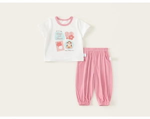 Detailed view of kids cotton pajama set with cartoon print and elastic pink pants