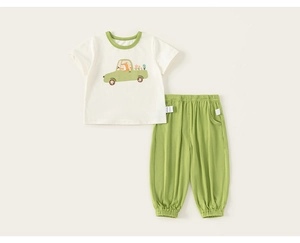 Detailed flat lay of toddler summer set with cartoon fox print tee and green joggers