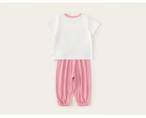 Rear view of infant summer set with white t-shirt and pink cotton pants shown laid flat