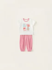Kids summer casual set featuring a white cartoon T-shirt and pink long lounge pants