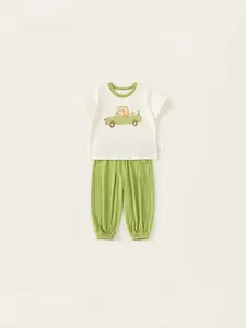 Kids cotton set with cartoon fox print cream T-shirt and green casual pants