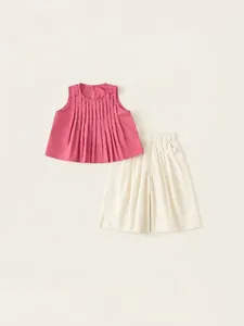 Set Completo Bambina Estate Minimalista Tinta Unita Top Senza Maniche Plissettato e Pantaloni a Gamba Larga in Cotone Casual