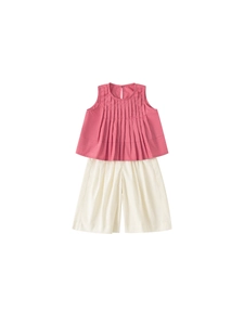 Completo estivo da bambina con top senza maniche plissettato rosa e pantaloni larghi avorio