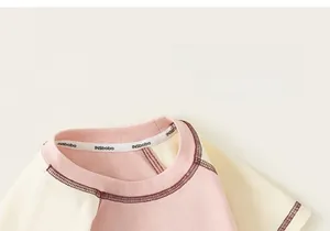 Close-up of pink and white raglan sleeve collar with high-quality ribbed knitting detail
