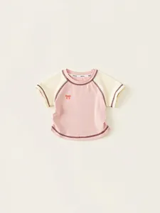 Girls Casual Cotton Color Block Raglan Sleeve T-Shirt Cute Bow Print Pink White Contrast Stitching Summer Short Sleeve Top