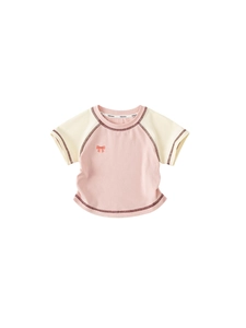 Pink and cream girls' raglan short sleeve T-shirt with bow print and contrast stitching