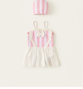 Maillot de bain rayé rose pour fille avec volants en cœur, jupe en tulle et bonnet assorti