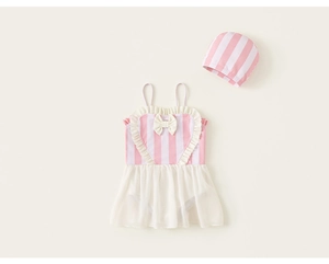 Maillot de bain rayé rose pour filles avec jupe en tulle et bonnet de bain assorti
