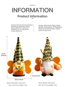 Detail view of bee gnome plush dolls with sunflowers and measurements in 27cm height