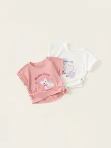 T-Shirt d'Été en Coton pour Filles Imprimé Chat Cartoon et Cœur Manches Courtes Col Rond Rose Blanc Décontracté Respirant