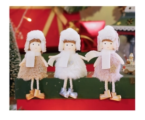 Three plush angel doll ornaments with fluffy dresses and star sequins for Christmas trees
