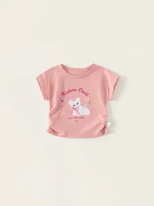 T-shirt rose en coton pour filles avec imprimé chat mignon et texte Natura Chill