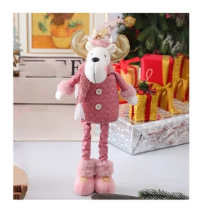 Detailed view of plush reindeer Christmas decor with pink sequins and long telescopic legs