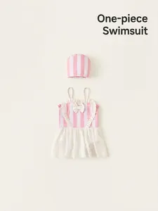 Maillot de Bain Une Pièce Rayé Rose et Blanc pour Filles Avec Jupe en Maille Volants en Cœur Nœud Maillot Doux Et Bonnet
