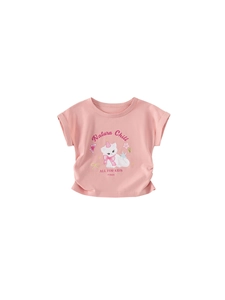 T-shirt rose pour filles en coton avec motif de chat et lettrage Natura Chill imprimé
