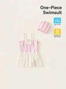 Maillot de bain rayé rose et blanc pour filles avec volant coeur et jupe en tulle et bonnet