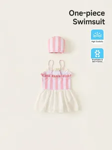 Maillot de bain rayé rose et blanc pour filles avec jupe tutu et bonnet de bain assorti