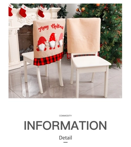 Macro detail of Christmas chair covers with Gnomes and red-black checkered ruffles decoration
