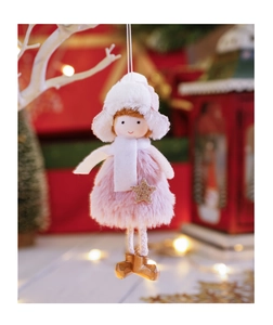 Detail of plush angel Christmas girl ornament with pink dress and gold star decoration