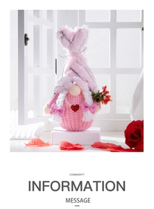 Detail of pink plush gnome with heart hat, braided hair, and red berry bouquet