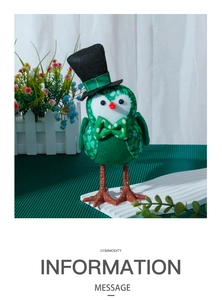 Detail of St. Patrick's Day green bird plush with clover patterns and top hat