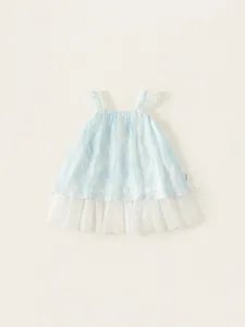 Robe à Bretelles d'Été pour Filles Patchwork en Fil de Filet Dégradé Bleu Nœud Künstliche Perle Princesse Fête Sans Manches