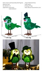 Detailed size and material specs for the green glow bird plush holiday decor with LED lights