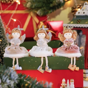 Christmas Angel Doll Plush Hanging Ornament Glitter Wings Handmade Fabric Tree Decor For Festive Home Party Holiday Xmas Gift
