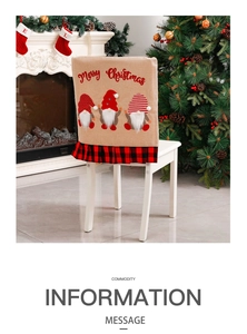 Detail of Christmas gnome chair cover with Merry Christmas text and red black plaid ruffles