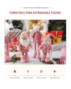 Detailed view of pink extendable plush Christmas figures including Santa and reindeer
