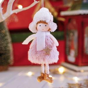 Christmas angel doll plush ornament with pink sequin skirt and white scarf for Xmas tree