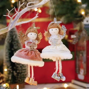 Pink and white plush angel girl ornaments with sparkly wings and mesh skirts for Christmas
