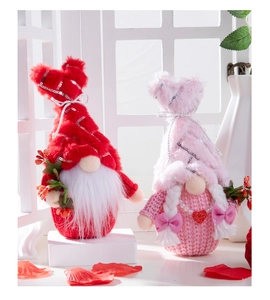 Close-up of Valentine Gnomes set with red sequins hat and pink I Love You bow detail