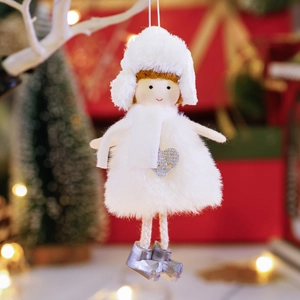 Plush Christmas angel doll with white faux fur dress and silver boots for tree decoration