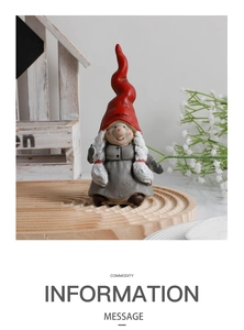 Detail of resin faceless gnome doll with red wavy hat and gray coat on wooden tray