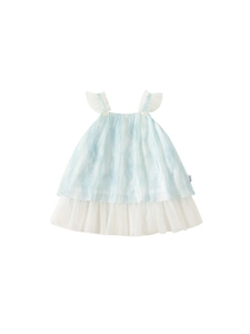 Robe d'été en tulle pour filles avec imprimé aquarelle bleu et bretelles à nœuds