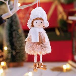 Pink plush angel doll Christmas tree ornament with white scarf and golden boots