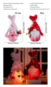 Detailed view of luminous Nordic gnomes in pink and red with dimensions and soft lighting