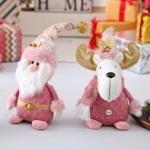 Set peluche natalizi rosa e oro con renna e gnomo decorati con paillettes scintillanti