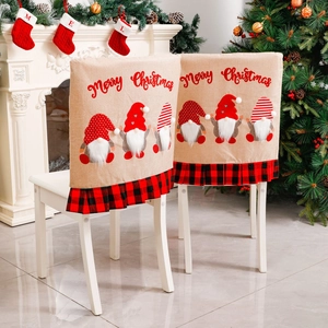 Burlap Christmas chair cover with gnomes and red black buffalo plaid ruffle trim
