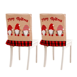 Set of 2 Christmas gnome chair covers with red black plaid trim and Merry Christmas print