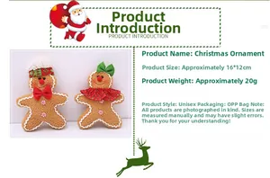 Detailed view of gingerbread man Christmas ornaments showing 16x12cm size and soft plush texture