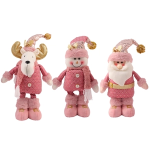 Pink and white plush Christmas ornaments set with elk snowman and Santa Claus